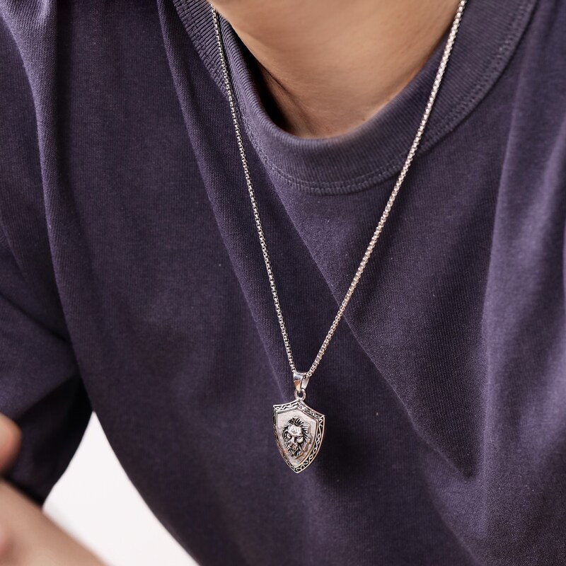 Main Image 3 of Men's Picasso Jasper Lion & Shield Necklace Stainless Steel 24"