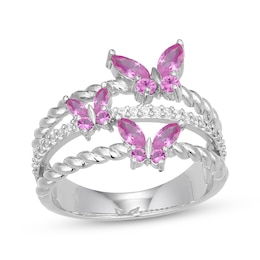 Pink & White Lab-Created Sapphire Butterflies Ring Sterling Silver