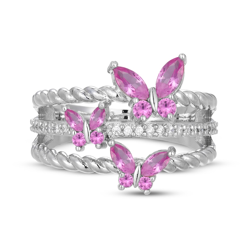 Main Image 3 of Pink & White Lab-Created Sapphire Butterflies Ring Sterling Silver