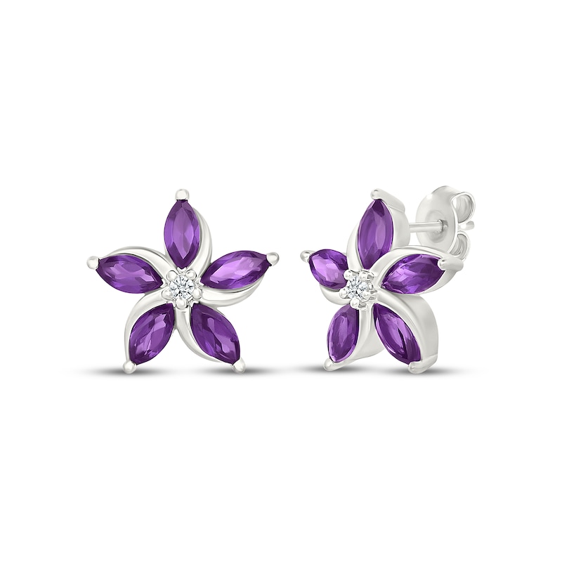 Main Image 1 of Marquise-Cut Amethyst & White Lab-Created Sapphire Flower Stud Earrings Sterling Silver