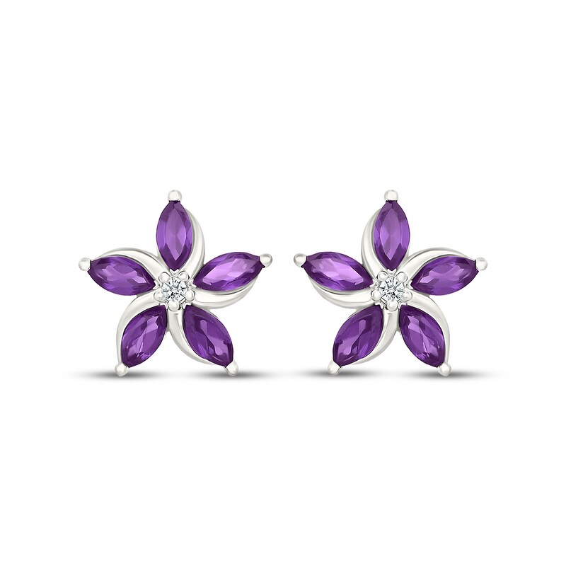 Main Image 2 of Marquise-Cut Amethyst & White Lab-Created Sapphire Flower Stud Earrings Sterling Silver