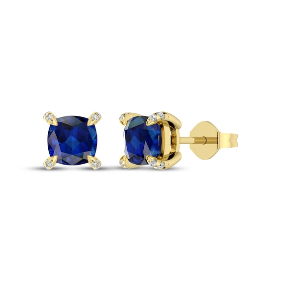 Cushion-Cut Blue Lab-Created Sapphire & Diamond Accent Stud Earrings 10K Yellow Gold
