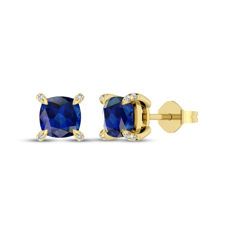 Main Image 1 of Cushion-Cut Blue Lab-Created Sapphire & Diamond Accent Stud Earrings 10K Yellow Gold
