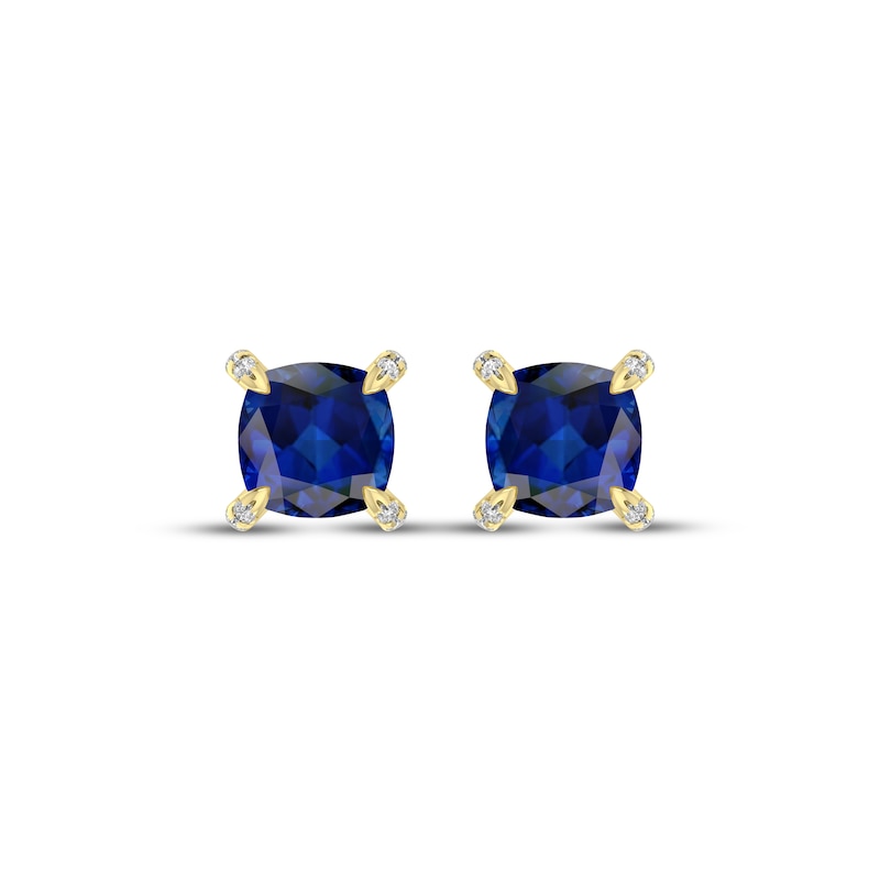 Main Image 2 of Cushion-Cut Blue Lab-Created Sapphire & Diamond Accent Stud Earrings 10K Yellow Gold