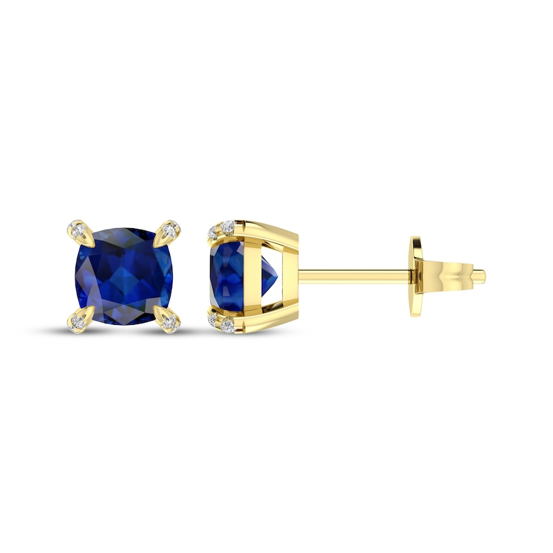 Main Image 3 of Cushion-Cut Blue Lab-Created Sapphire & Diamond Accent Stud Earrings 10K Yellow Gold