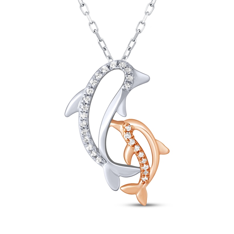 Main Image 1 of Diamond Dolphins Necklace 1/10 ct tw Sterling Silver & 10K Rose Gold 18"