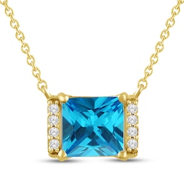 Square Emerald-Cut Swiss Blue Topaz & White Lab-Created Sapphire Necklace 24K Yellow Gold Vermeil Sterling Silver 18"