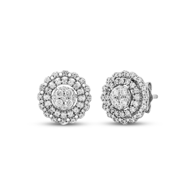Main Image 1 of Multi-Diamond Double Halo Stud Earrings 1/2 ct tw 10K White Gold