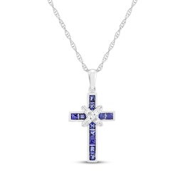 Square-Cut Blue Lab-Created Sapphire & Diamond Cross Necklace 1/15 ct tw Sterling Silver 18"