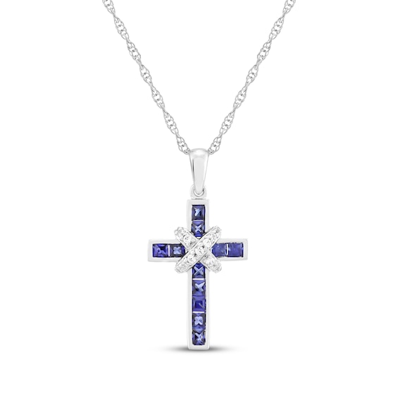 Square-Cut Blue Lab-Created Sapphire & Diamond Cross Necklace 1/15 ct tw Sterling Silver 18"