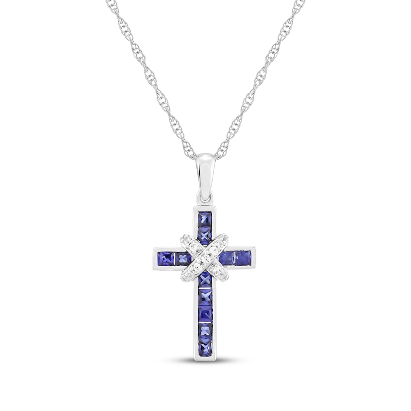 Main Image 1 of Square-Cut Blue Lab-Created Sapphire & Diamond Cross Necklace 1/15 ct tw Sterling Silver 18"