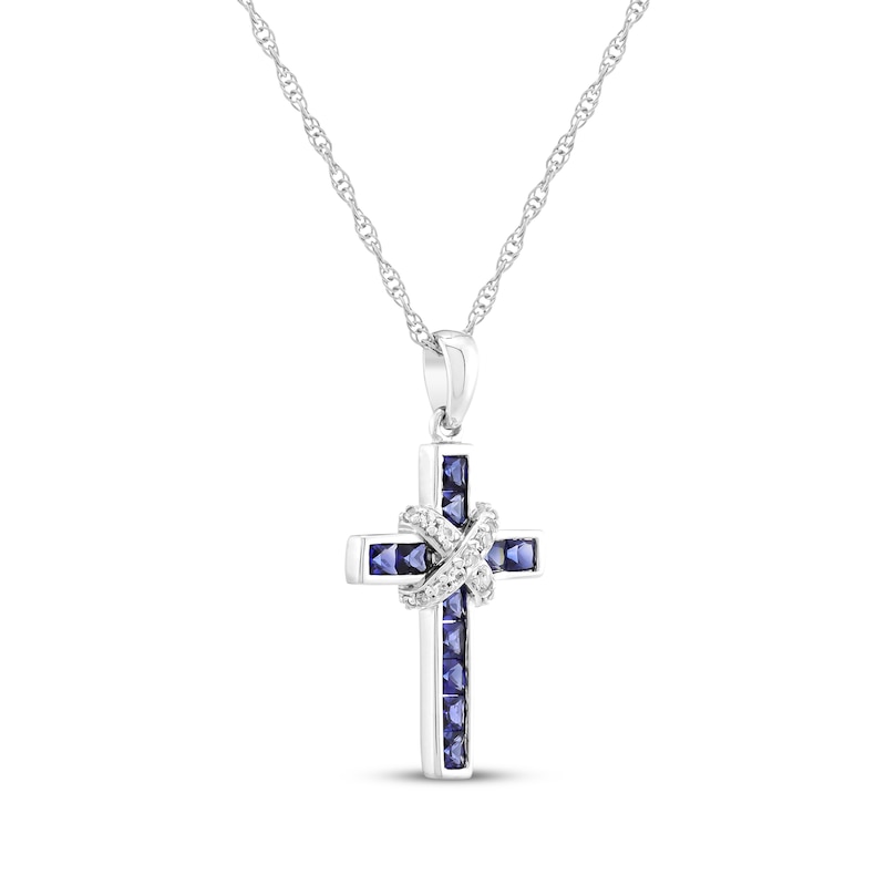 Main Image 2 of Square-Cut Blue Lab-Created Sapphire & Diamond Cross Necklace 1/15 ct tw Sterling Silver 18"