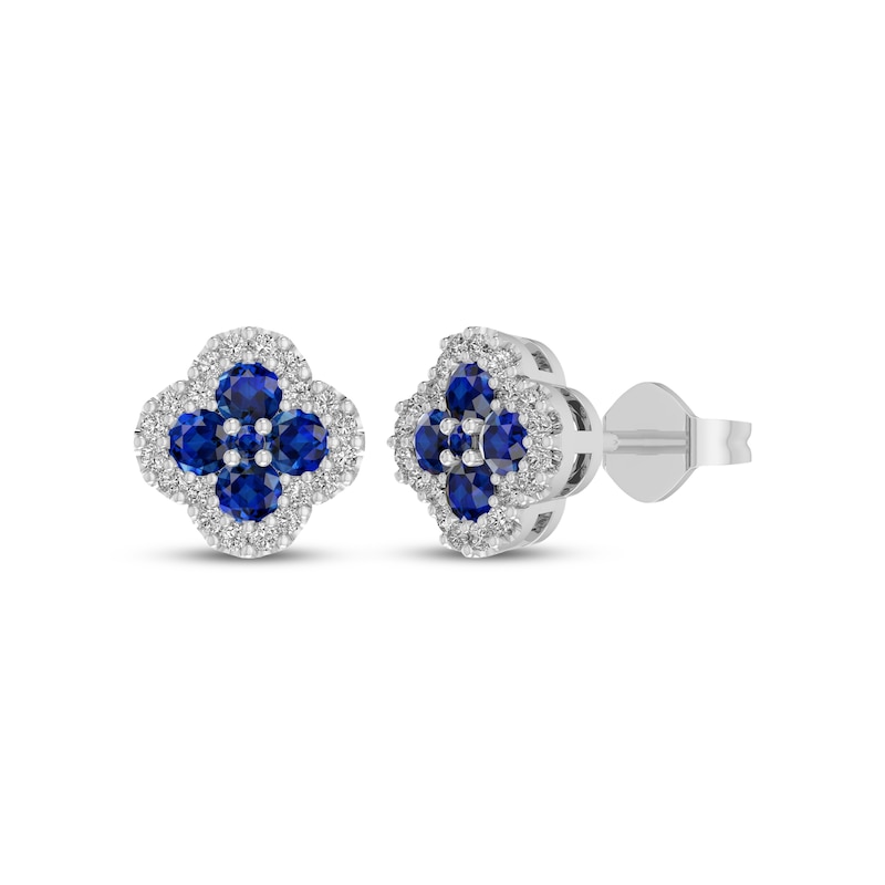Main Image 1 of Blue & White Lab-Created Sapphire Clover Stud Earrings Sterling Silver