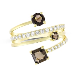 Square Emerald-Cut Smoky Quartz & White Lab-Created Sapphire Wrap Ring 24K Yellow Gold Vermeil Sterling Silver