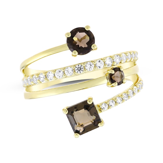 Square Emerald-Cut Smoky Quartz & White Lab-Created Sapphire Wrap Ring 24K Yellow Gold Vermeil Sterling Silver