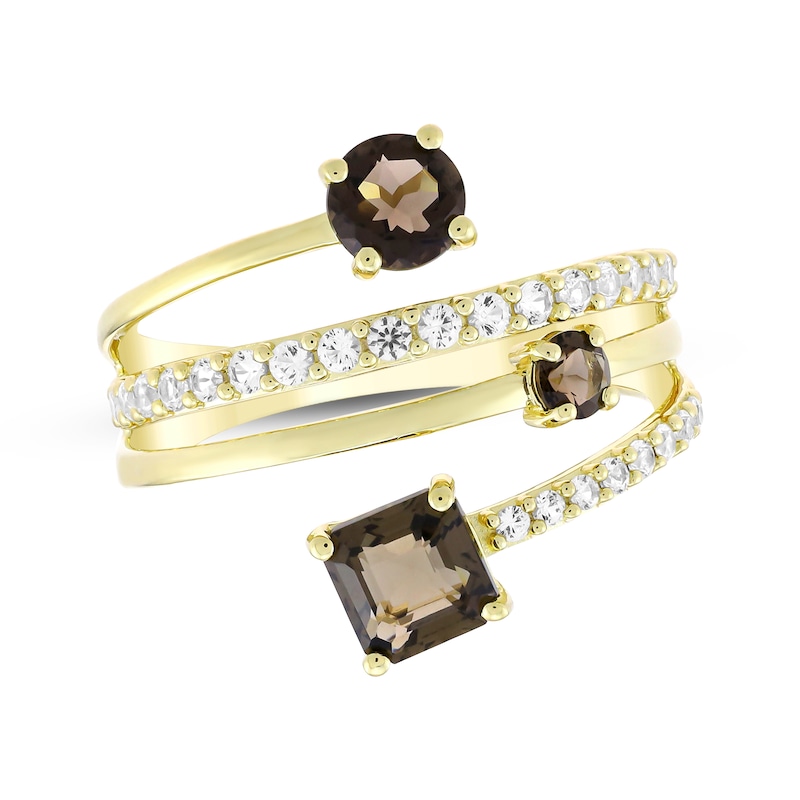 Main Image 1 of Square Emerald-Cut Smoky Quartz & White Lab-Created Sapphire Wrap Ring 24K Yellow Gold Vermeil Sterling Silver