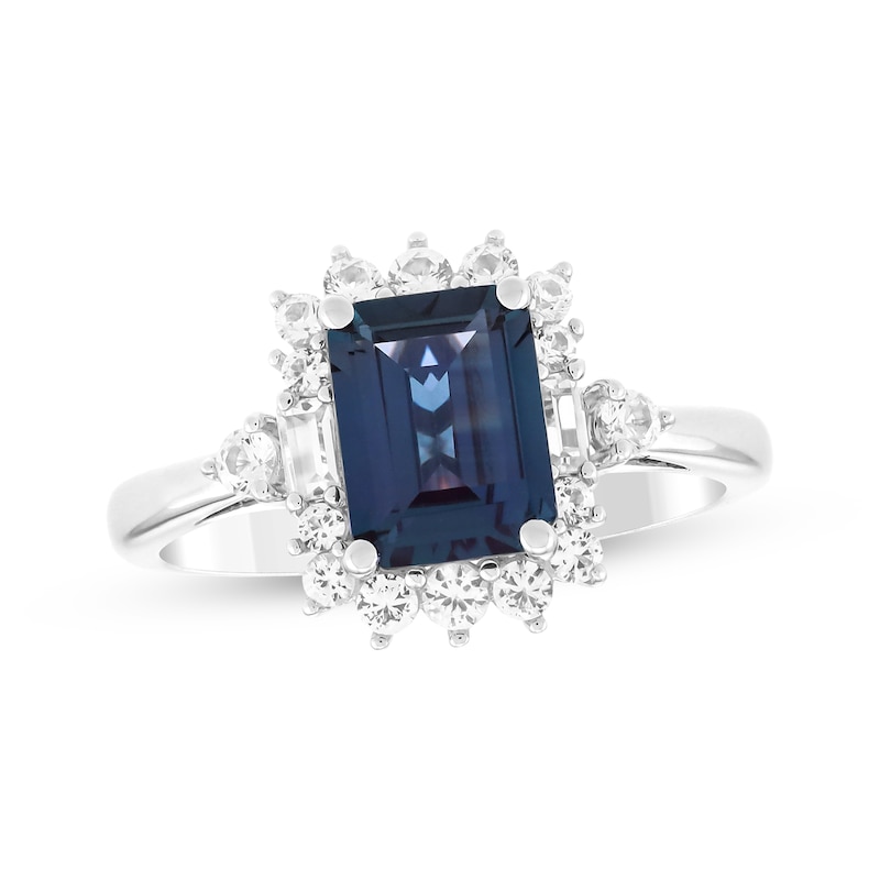 Main Image 1 of Emerald-Cut Lab-Created Alexandrite & White Lab-Created Sapphire Halo Ring Sterling Silver