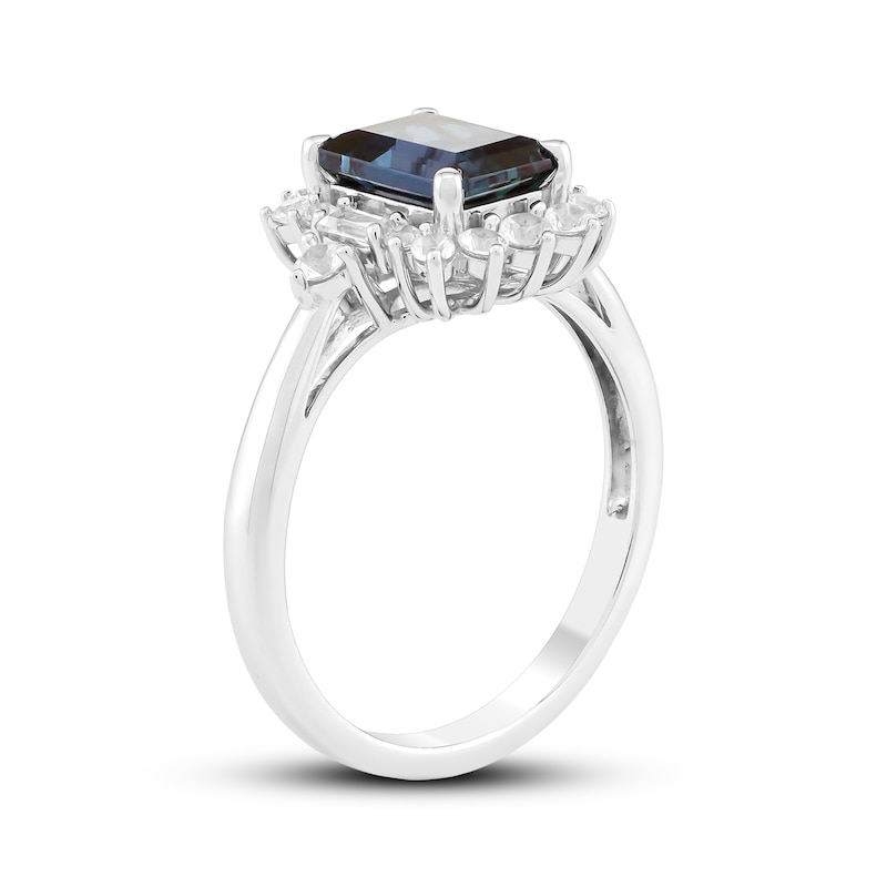Main Image 2 of Emerald-Cut Lab-Created Alexandrite & White Lab-Created Sapphire Halo Ring Sterling Silver