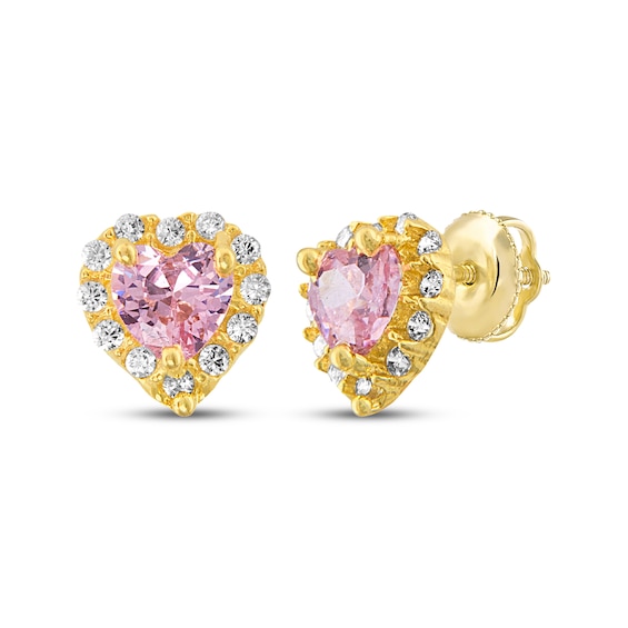 Children's Heart-Shaped Pink & White Cubic Zirconia Halo Stud Earrings 14K Yellow Gold