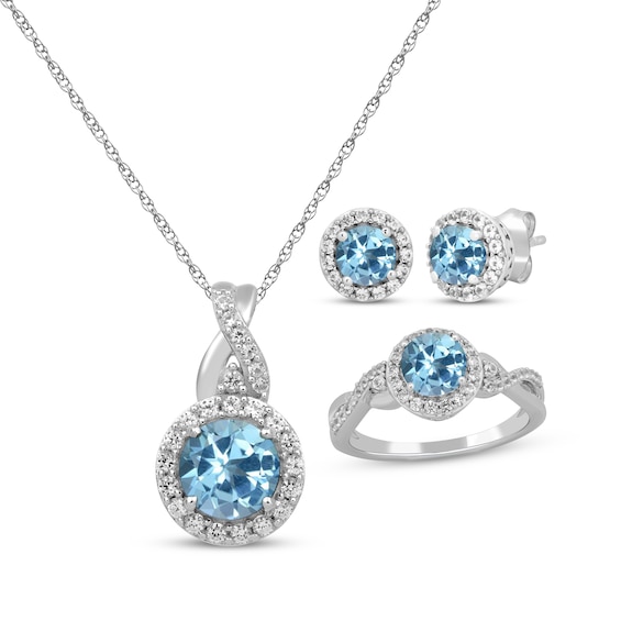 Round-Cut Swiss Blue Topaz & White Lab-Created Sapphire Gift Set Sterling Silver - Size 7