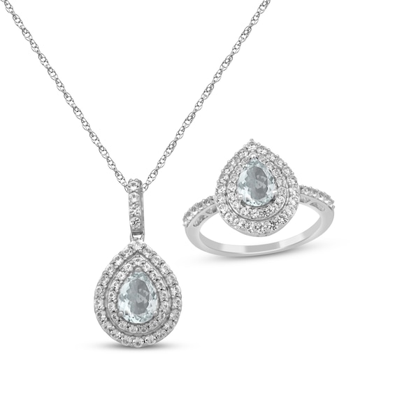 Pear-Shaped Aquamarine & White Lab-Created Sapphire Gift Set Sterling Silver - Size 7