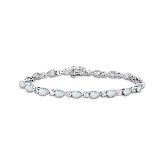Pear-Shaped Lab-Created Opal & White Lab-Created Sapphire Bracelet Sterling Silver 7.25”