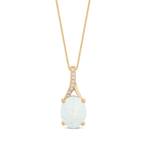Oval-Cut Lab-Created Opal & Diamond Accent Necklace 10K Yellow Gold 18"