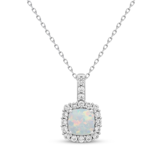 Cushion-Cut Lab-Created Opal & White Lab-Created Sapphire Necklace Sterling Silver 18"