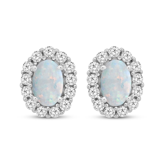Oval-Cut Lab-Created Opal & White Lab-Created Sapphire Stud Earrings Sterling Silver