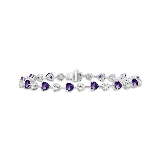 Heart-Shaped Amethyst & White Lab-Created Sapphire Bracelet Sterling Silver 7.5"