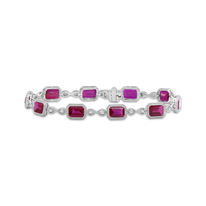 Main Image 1 of Emerald-Cut Lab-Created Ruby & White Lab-Created Sapphire Milgrain Bracelet Sterling Silver 7.5"