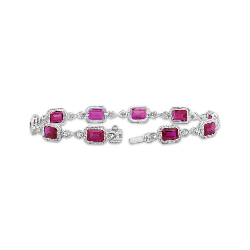 Main Image 2 of Emerald-Cut Lab-Created Ruby & White Lab-Created Sapphire Milgrain Bracelet Sterling Silver 7.5"
