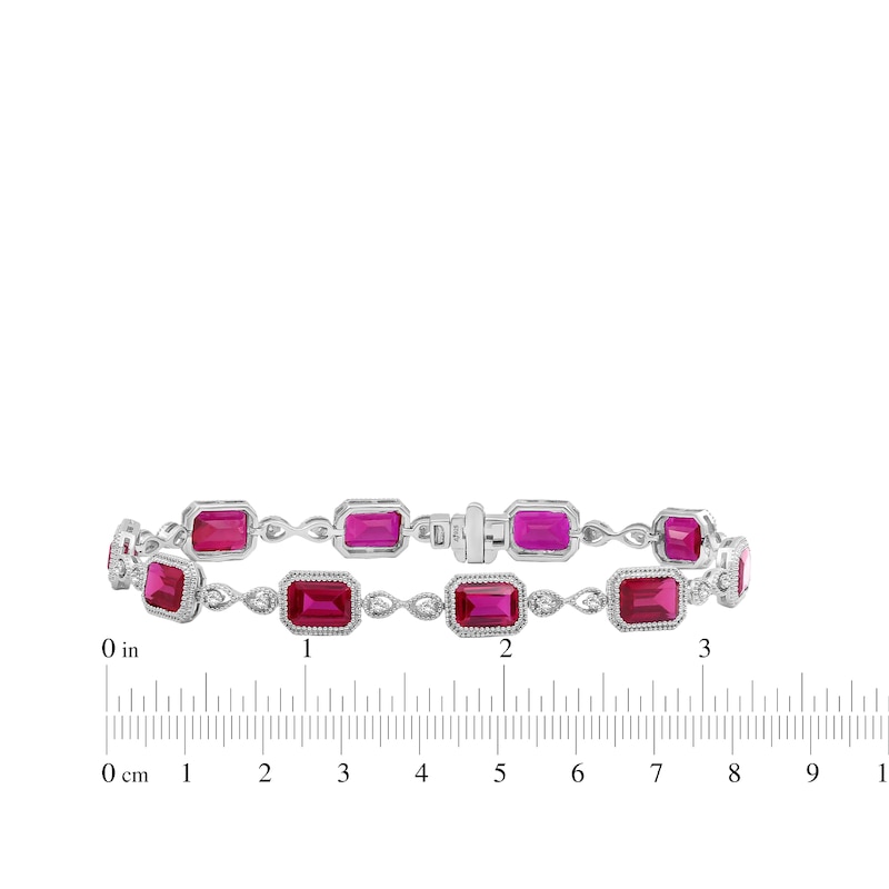 Main Image 4 of Emerald-Cut Lab-Created Ruby & White Lab-Created Sapphire Milgrain Bracelet Sterling Silver 7.5"