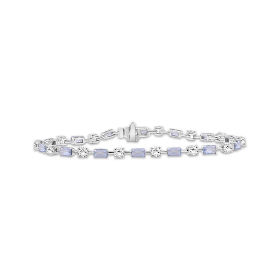 Emerald-Cut Aquamarine & Round-Cut White Lab-Created Sapphire Bracelet Sterling Silver 7.5"