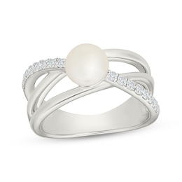 Cultured Pearl & White Lab-Created Sapphire Crossover Ring Sterling Silver