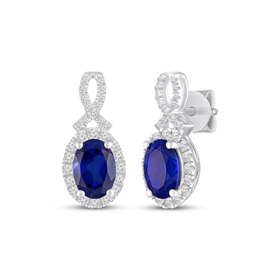 Oval-Cut Blue Lab-Created Sapphire & White Lab-Created Sapphire Halo Earrings Sterling Silver