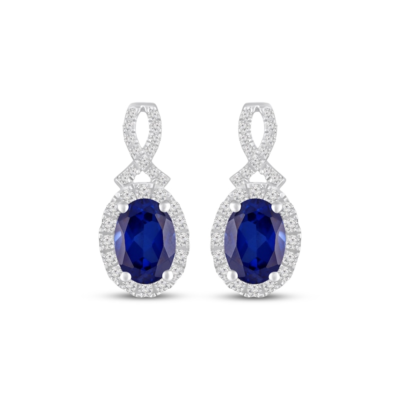 Main Image 2 of Oval-Cut Blue Lab-Created Sapphire & White Lab-Created Sapphire Halo Earrings Sterling Silver