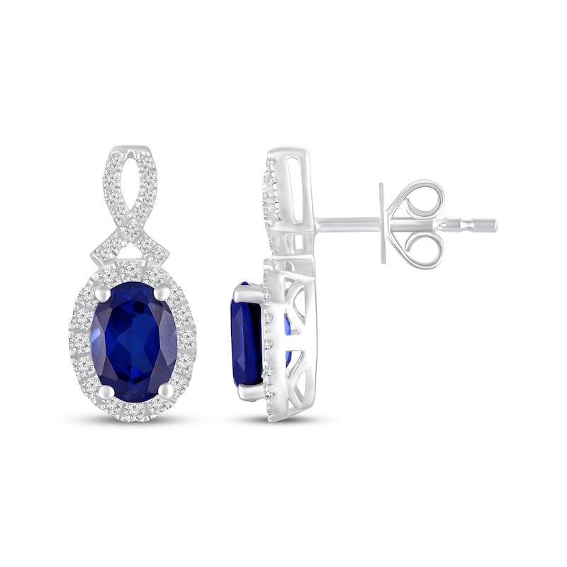 Main Image 3 of Oval-Cut Blue Lab-Created Sapphire & White Lab-Created Sapphire Halo Earrings Sterling Silver