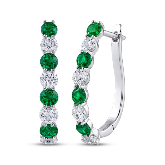 Lab-Created Emerald & White Lab-Created Sapphire Hoop Earrings Sterling Silver