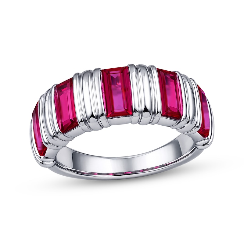 Main Image 1 of Baguette-Cut Lab-Created Ruby Ring Sterling Silver