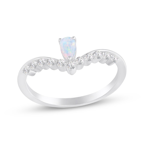 Pear-Shaped Lab-Created Opal & White Lab-Created Sapphire Chevron Ring Sterling Silver