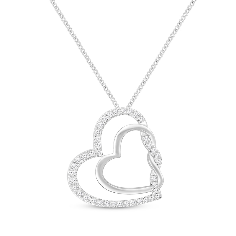 Main Image 1 of Diamond Tilted Double Heart Twist Necklace 1/4 ct tw Sterling Silver 19"