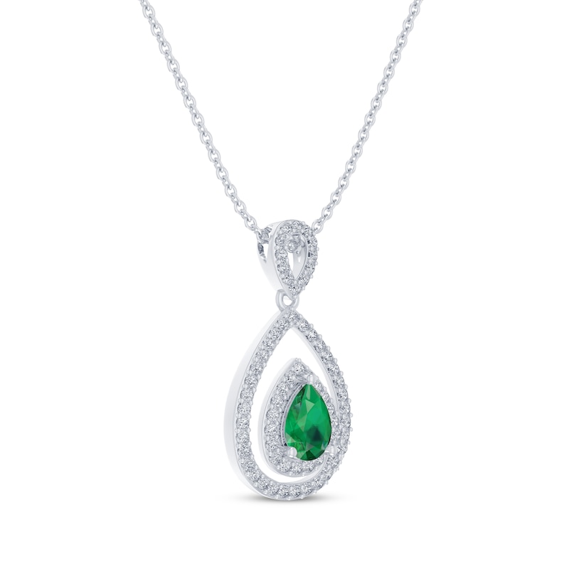 Main Image 1 of Pear-Shaped Lab-Created Emerald & White Lab-Created Sapphire Teardrop Necklace Sterling Silver 18"
