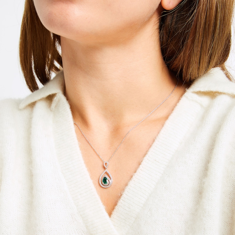 Main Image 2 of Pear-Shaped Lab-Created Emerald & White Lab-Created Sapphire Teardrop Necklace Sterling Silver 18"