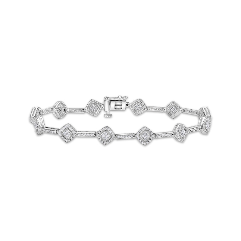 Main Image 1 of Princess & Round-Cut Diamond Cushion-Link Bracelet 1-1/2 ct tw 10K White Gold 7.25"