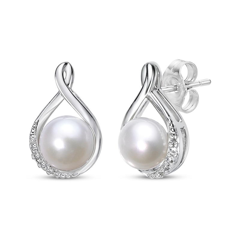 Main Image 1 of Cultured Pearl & White Lab-Created Sapphire Twist Earrings Sterling Silver