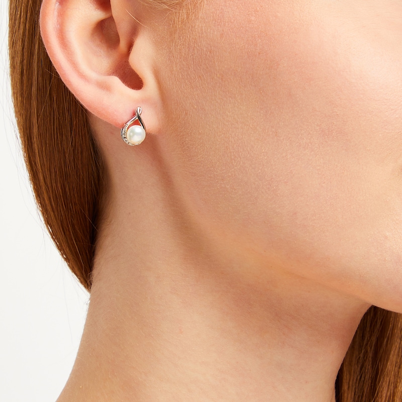 Main Image 3 of Cultured Pearl & White Lab-Created Sapphire Twist Earrings Sterling Silver