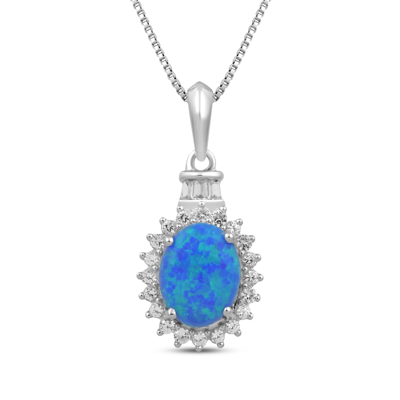 Oval-Cut Blue Lab-Created Opal & White Lab-Created Sapphire Halo Necklace Sterling Silver 18"