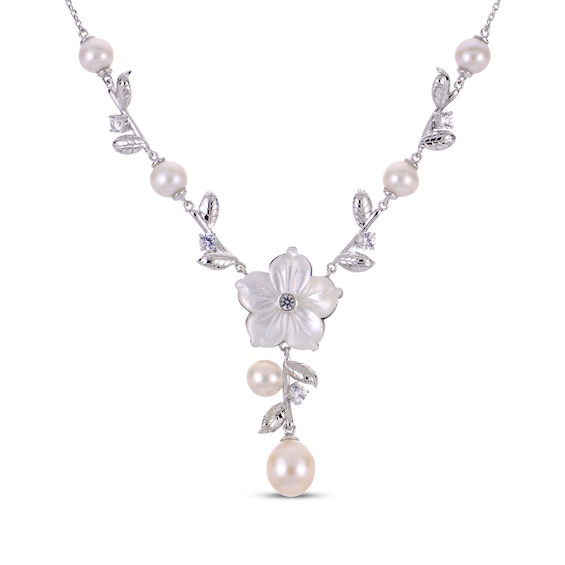 Cultured Pearl, White Lab-Created Sapphire & Mother-of-Pearl Y-Drop Flower Necklace Sterling Silver 18"