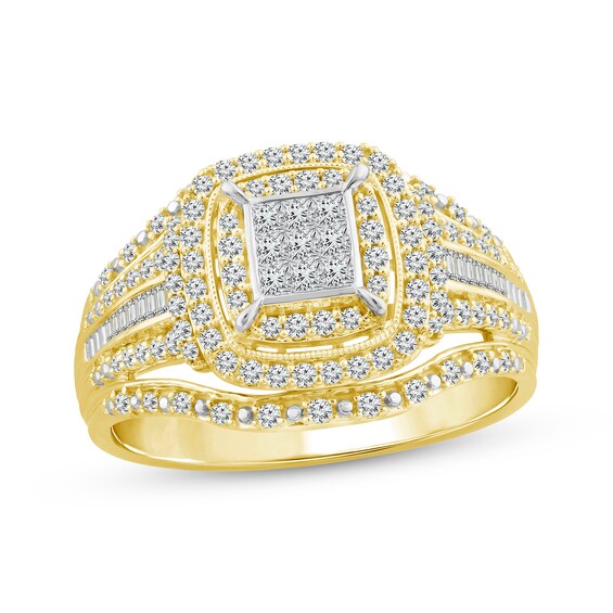 Adore Multi-Diamond Center Cushion Double Halo Engagement Ring 1 ct tw 10K Yellow Gold